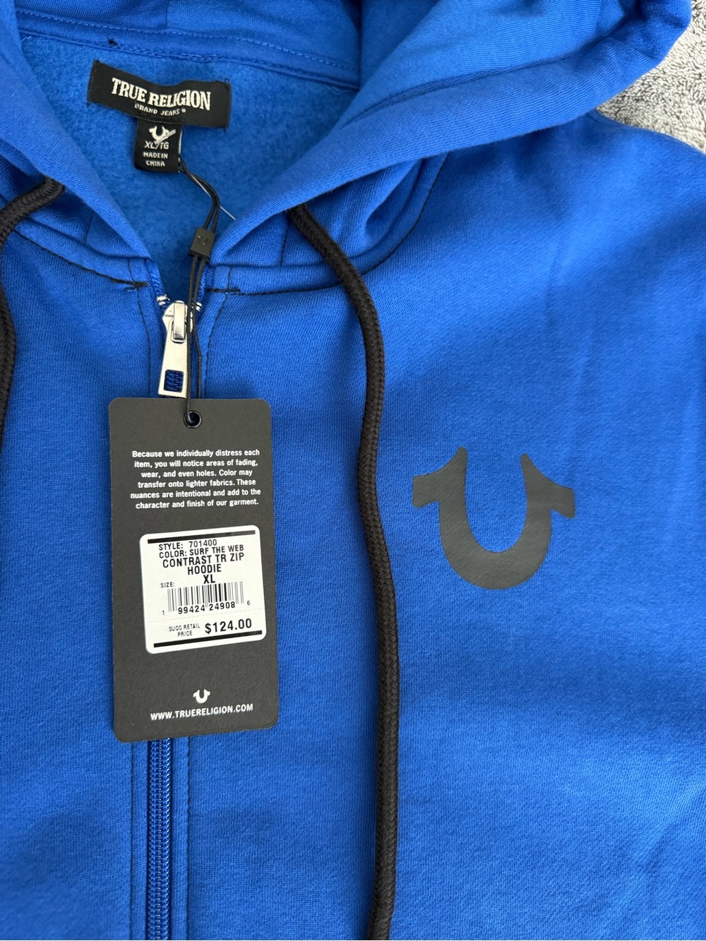 True Religion Royal Blue Zip-Up Hoodie with Logo Back - Picture 4 of 8